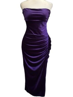 Windsor Kaylee Velvet Strapless Midi Ruched Purple Formal Dress